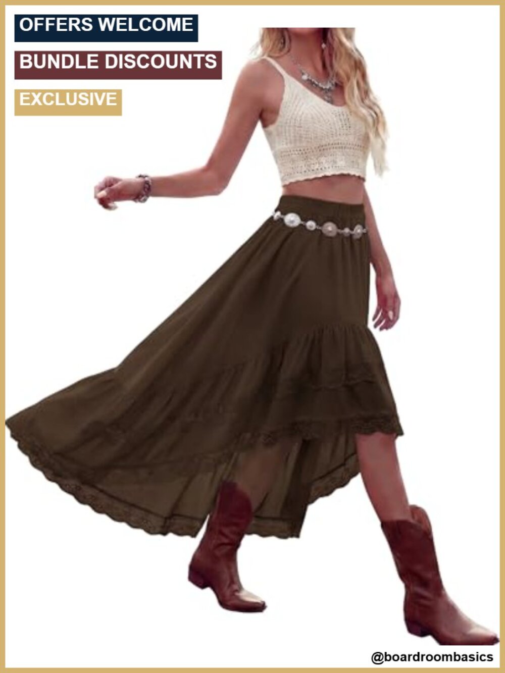 Women's High Low Asymmetrical Lace Ruffle Boho Maxi Skirt